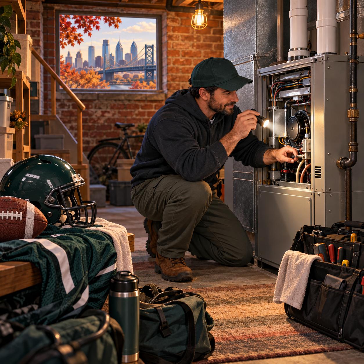 HVAC technician inspecting a furnace in a Philadelphia home garage with Eagles gear nearby